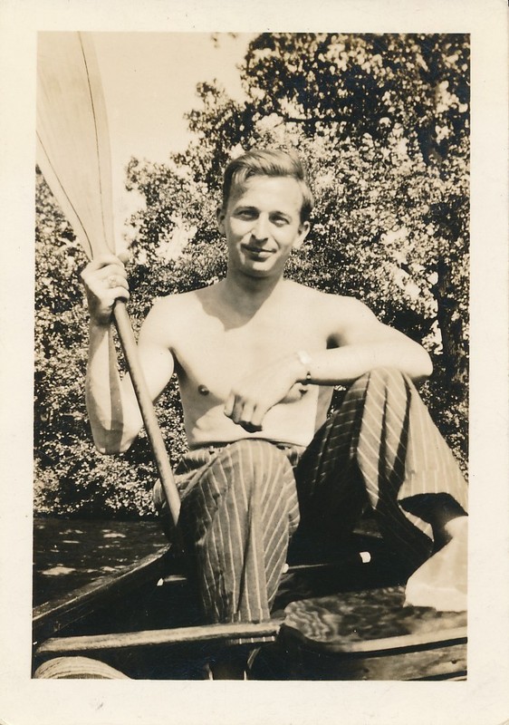 vintage snapshot photo: Handsome Shirtless Young Man in Rowboat Gay Int Interest