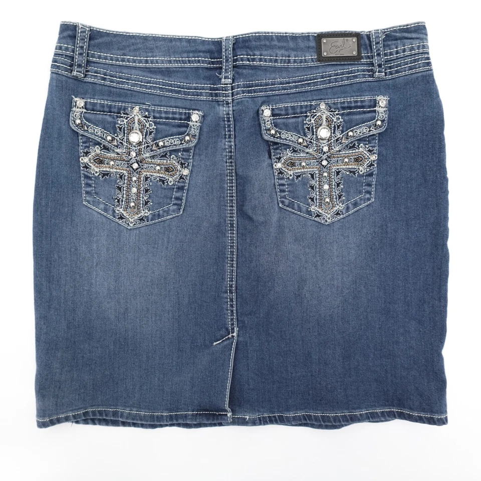 Earl Jean Denim Skirt Womens 12 Petite Blue Short Embroidered Embellished Stud Foto 2 de 4