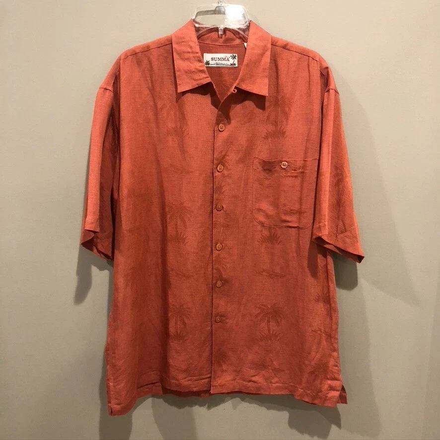 Summa Men's Linen Rust Hawaiian Shirt Sz Lg (E1854)