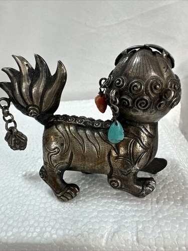 Tibetan Silver Qilin or Foo Dog 2pc Lot with Coral Turquoise Stone Bits - Picture 4 of 18