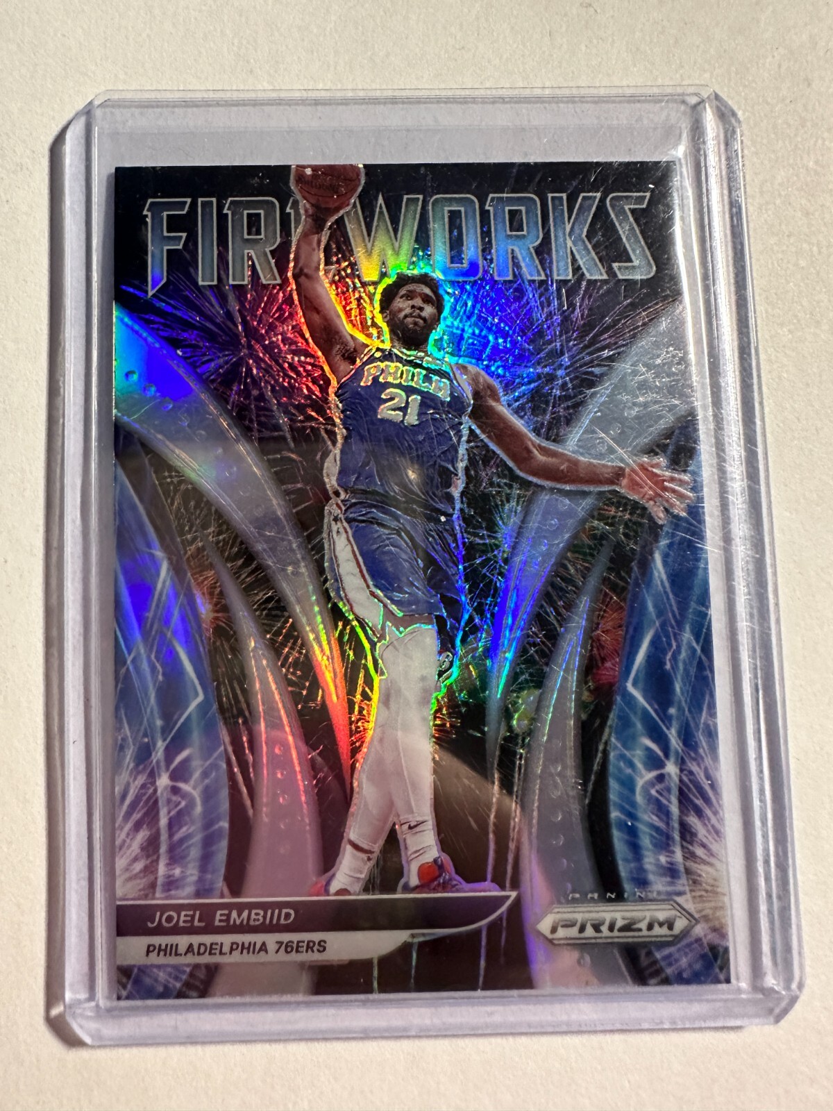 K129,423 - 2021-22 Panini Prizm Fireworks Prizms Silver #13 Joel Embiid