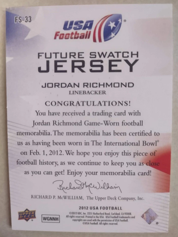 2012 Upper Deck USA Football JORDAN RICHMOND Aggies Game Worn BLUE JERSEY Swatch - Image 2 of 2