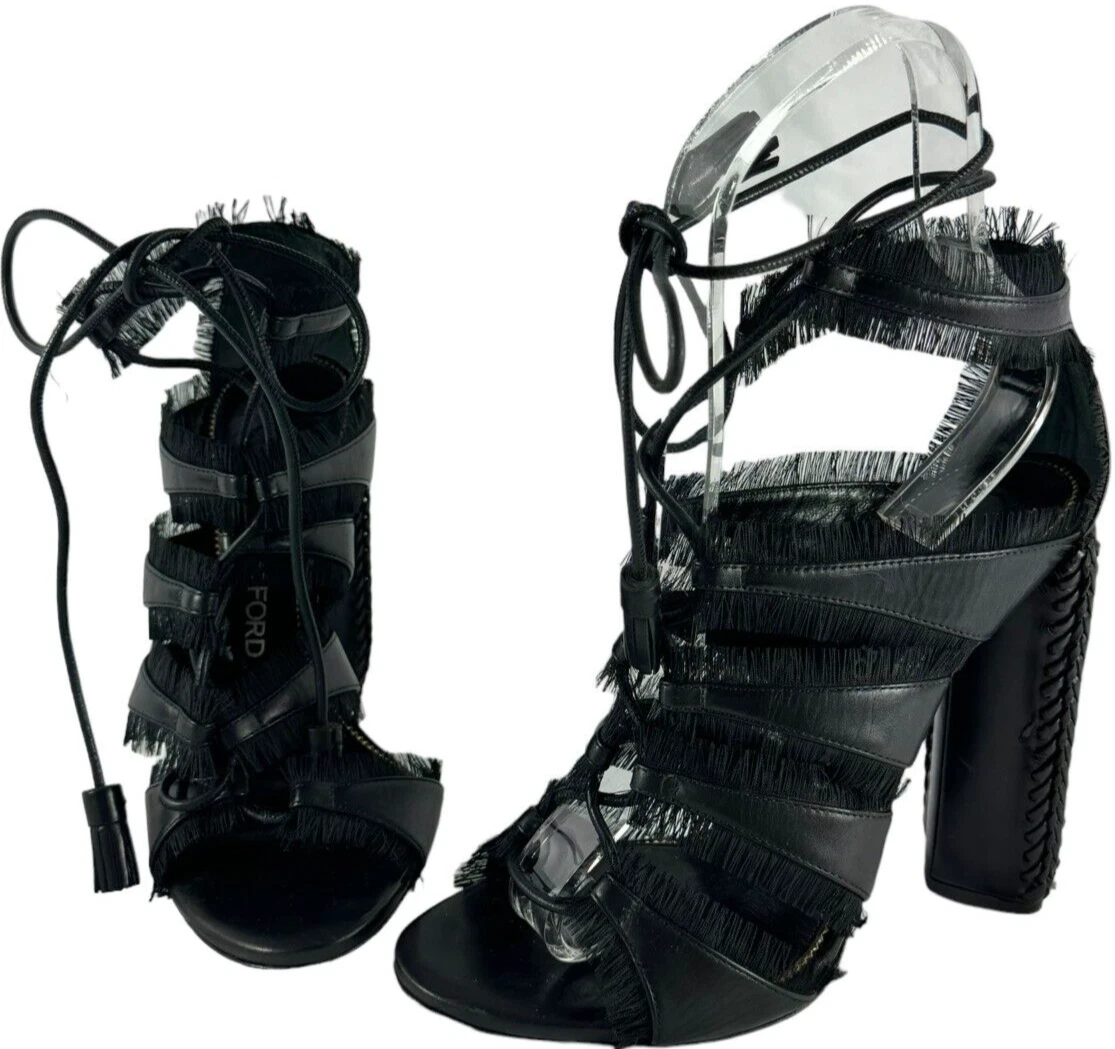 Tom Ford — TOM FORD Black Leather Fringed Gladiador Ankle Wrap Sandals Made in Italy 37-6US