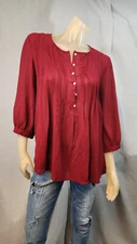 Max Studio Red Crew Neck 3/4 Slv Ruffle Sheer Top Shirt Blouse Womens SMALL USED