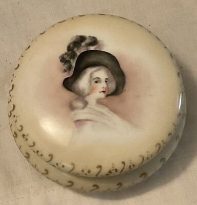 Antique Art Nouveau Woman w/Hat Enamel Jewelry Box Dated