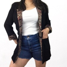 Vintage Carole Little 70s 80s black boyfriend blazer womens Large paisley trim