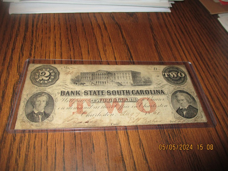 1861 $2 BANK OF THE STATE OF SOUTH CAROLINA CIVIL WAR ERA STATE CURRENCY
