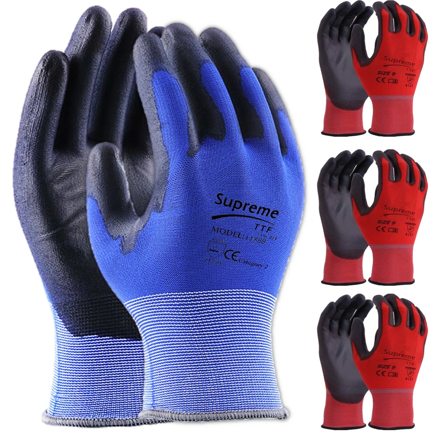 Gants de travail haut de gamme revêtus de pu sécurité rouge bleu protection huile poignée constructeurs hommes