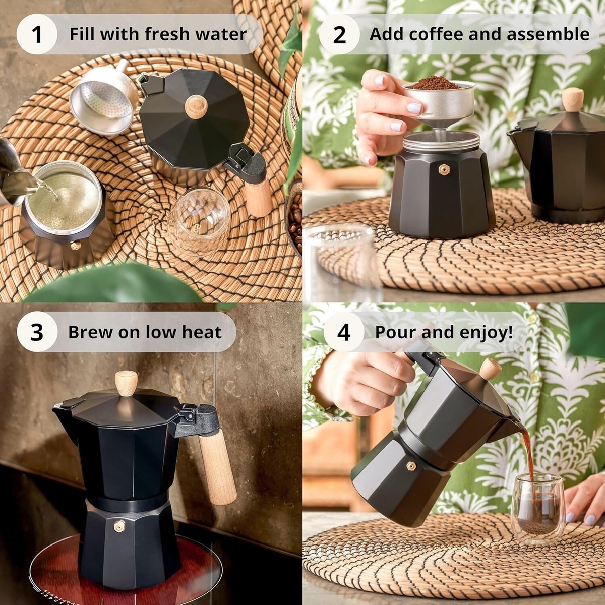 Coffee Maker Espresso Moka Pot 6 Cup Wooden Handle Stovetop Brewer