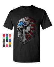 Chief Skull Headress T-Shirt Native American Stars and Stripes Mens Tee Shirt
