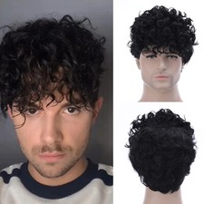 Heat Resistant Men's 10in Short Black Curly Wig Synthetic Full Cosplay Party