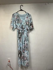 Anrabess Light Blue Floral Flutter Sleeve Belted Summer Dress Size S