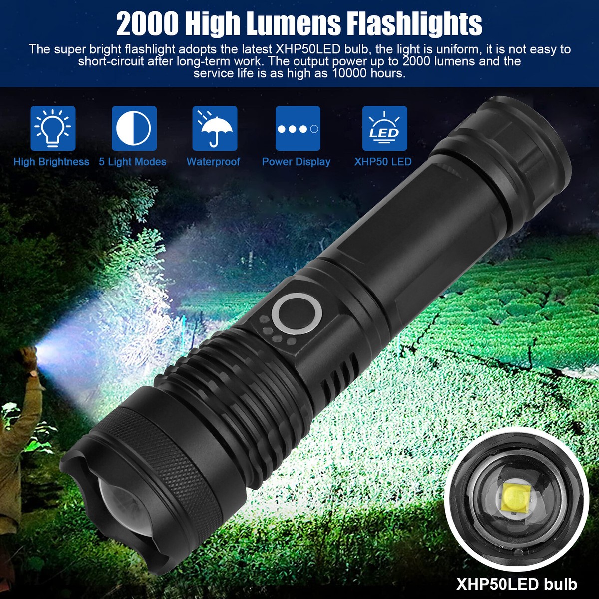2000LM Super Bright LED Tactical Flashlight USB Rechargeable Zoomable Torch  Lamp | eBay