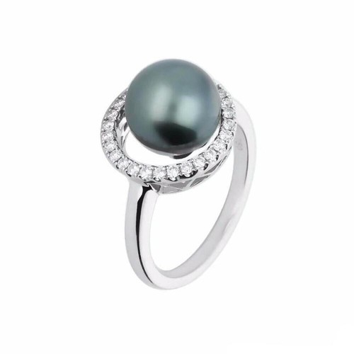 White gold tahitian pearl and diamond halo ring