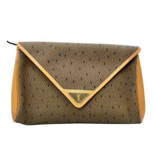 Yves Saint Laurent Khaki PVC & Brown Leather Clutch Bag – Gold-Plated Details