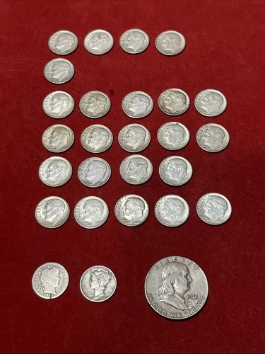 U.S. 1960s Roosevelt Dimes 90% Silver Coins Lot Of 24 + 2 Mercury Dimes & Half