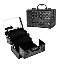 VETALLO Professional Makeup Train Case Black Crocodile Leather Organizer Box