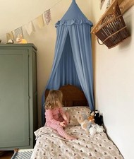 Kids Bed Canopy with Frills Cotton Cover Net for Crib Reading Nook Curtain Blue