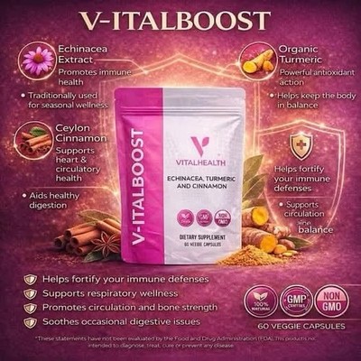 VitalHealth V-ITALBOOST Turmeric Garlic Extract Echinacea Non-GMO 60 Capsules