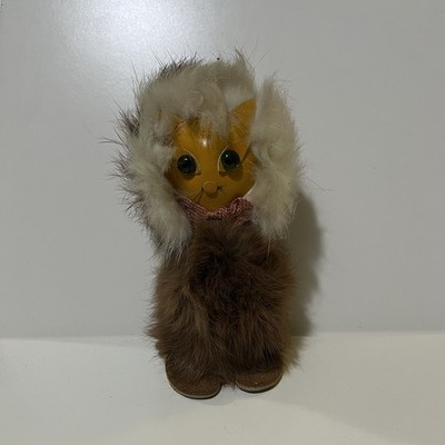 Vintage Dyed Rabbit Fur & Leather Kitty Cat Figure Green Glass Cat Eyes Rare