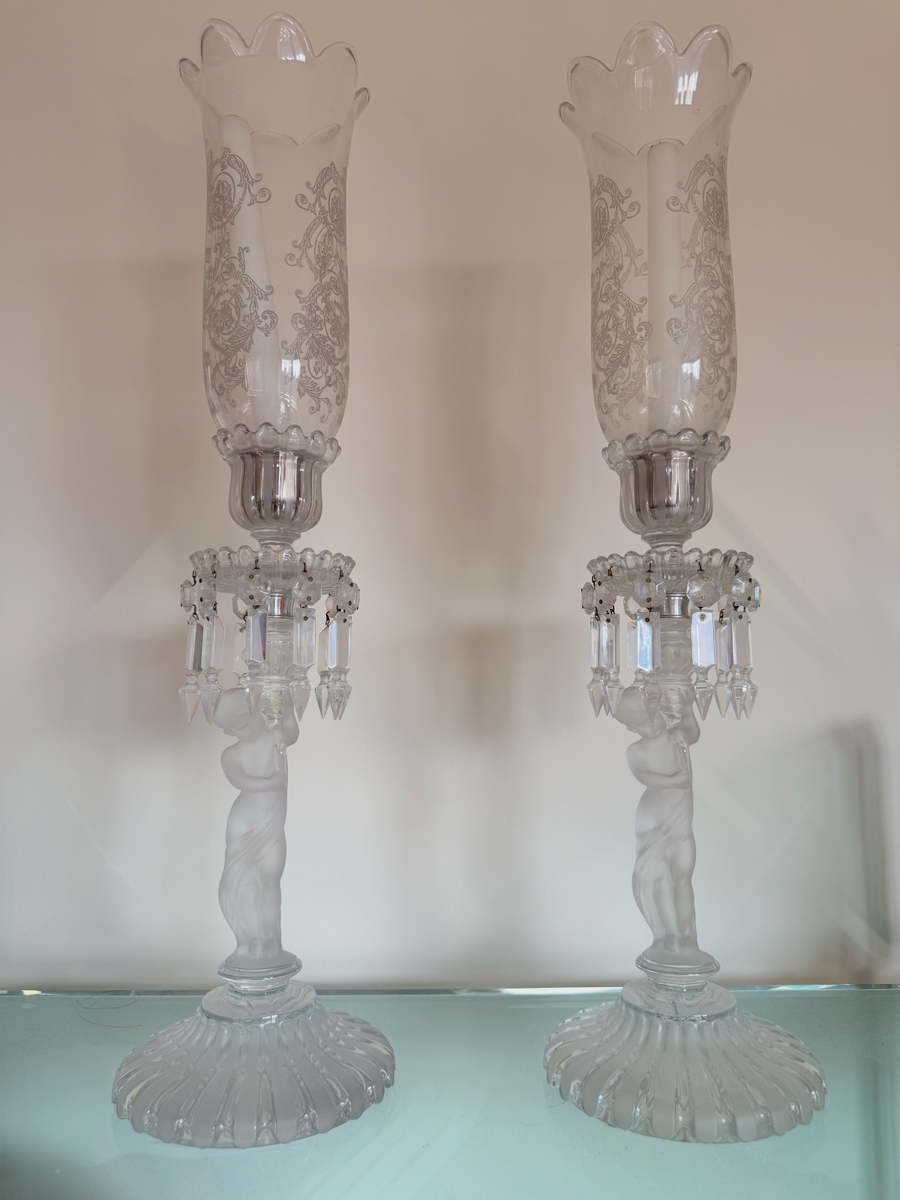Rare Baccarat Figural Crystal Candelabra Pair w/ Etched Hurricane