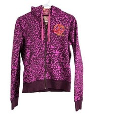 Vintage Y2K Billabong Embroidered Peace Sign Hoodie Purple All Over Print Surf M