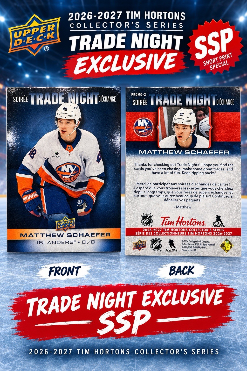 🔥 Trade Night‼️ Matthew Schaefer Promo-2 SSP 2026-27 Tim Hortons *Islanders* 🏒