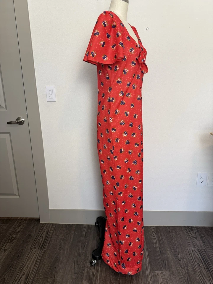 Vintage 1970s Red Floral Wide-Leg Jumpsuit with Puff Sleeves, Size Medium - Image 4 of 4