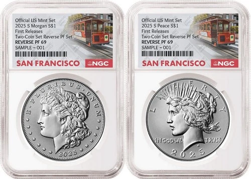 2 coin 2025 Morgan and Peace Reverse Proof Dollar Set NGC RP69 FR SF