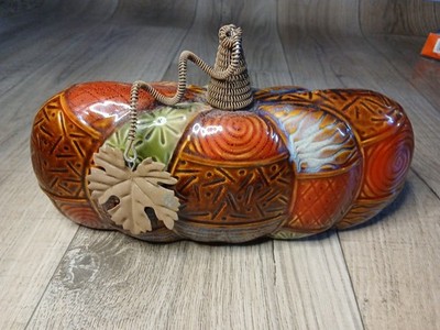 Ceramic Patchwork Pumpkin Metal Stem and Leaf Fall Decor