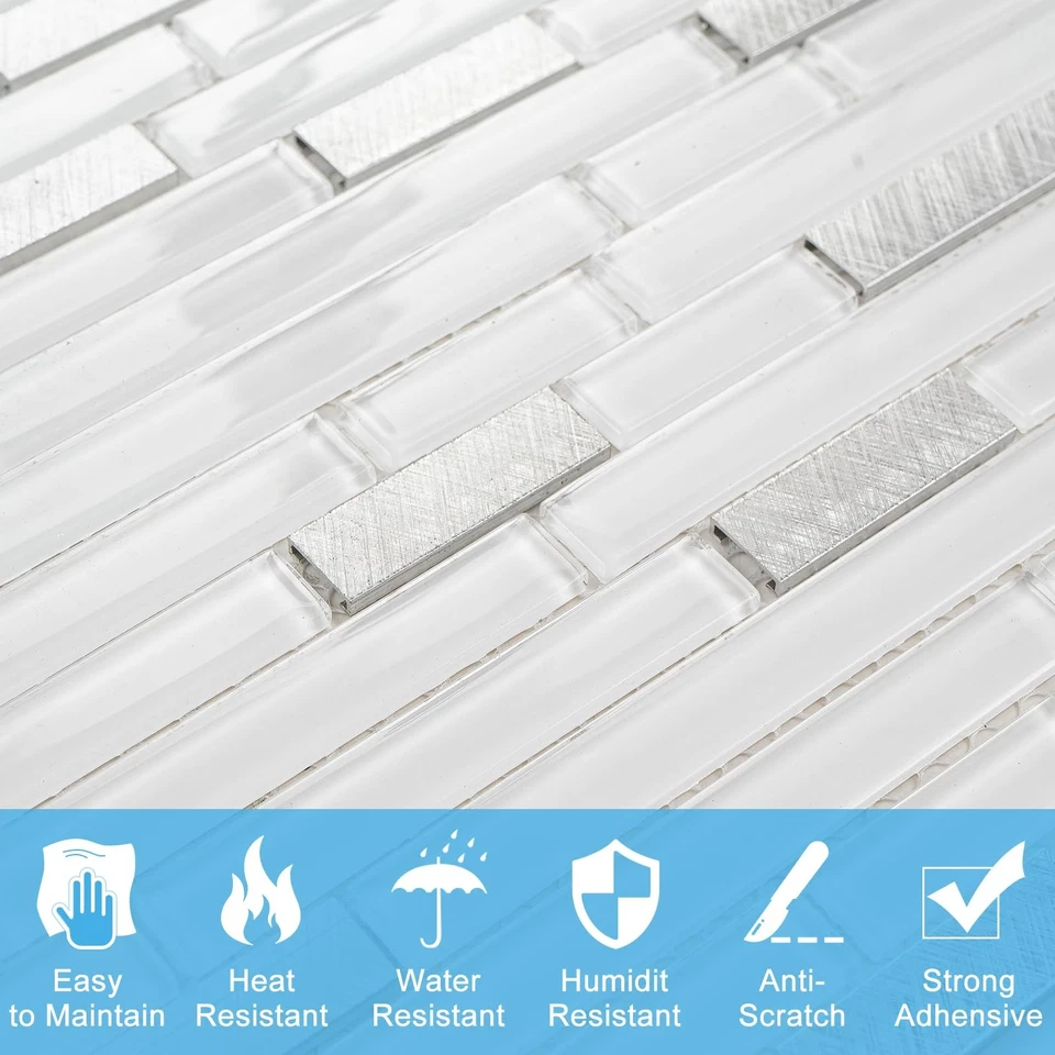 Azulejos de salpicadero de vidrio de 5 hojas, salpicadero de mosaico de vidrio blanco de 5 pies cuadrados S... Foto 3 de 4