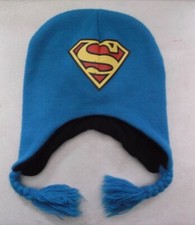 DC Comics Kids SUPERMAN Knit Hat S Logo Blue w/ Black Fleece Lining Yarn Braids