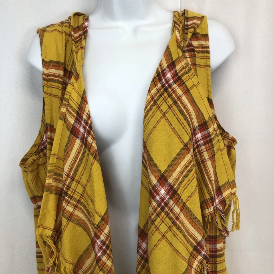 Cato EST 1946 Vest XL Honey Gold Plaid Hooded Fleece Fringe Waterfall Cardigan - Изображение 2 из 4