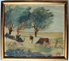 Count Harald Moltke. Two cows grazing in the meadows. Mid 1900s