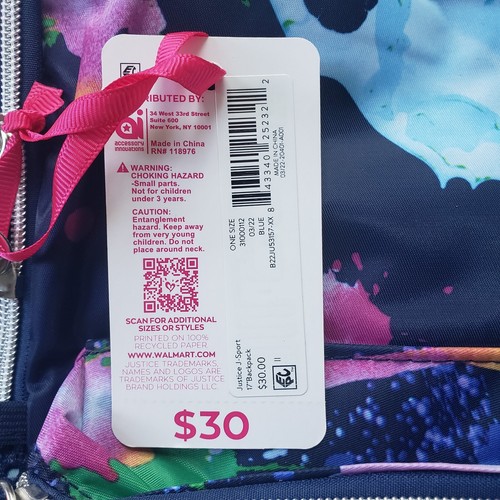 Justice Girls Backpack 17" Est 2004 Blue Silver Rainbow Splatter Tech Pocket - Picture 2 of 4