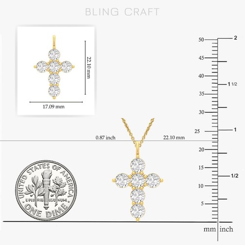 Ciondolo croce moissanite vera placcato oro 14 kt 2 ct con catena 18" argento - Foto 4 di 18
