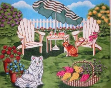 KW 6060 Backyard Cat Scene with Chairs HP Hand Painted Needlepoint Canvas