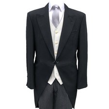 3 PIECE TAILCOAT SUIT BLACK WEDDING IVORY STRIPE WAISTCOAT AND STRIPE TROUSERS