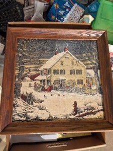 Vintage Kay Dee Hand Prints 100% Pure Linen Framed Winter Farm Scene