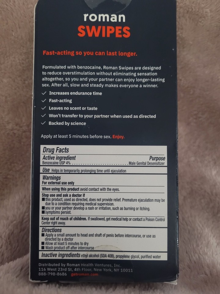 Roman Swipes Pack of 12 Benzocaine Wipes Premature Ejaculation expire