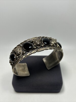 Native American Shay Signed Vintage Navajo Gold Sterling Silver Onyx Watch Bracelet Native American Shay Signed Vintage Navajo Gold Sterling Silver Onyx Watch Bracelet