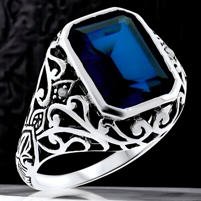ANTIQUE STYLE 925 STERLING SILVER 5 Ct LAB-CREATED SAPPHIRE & PEARL RING    #375