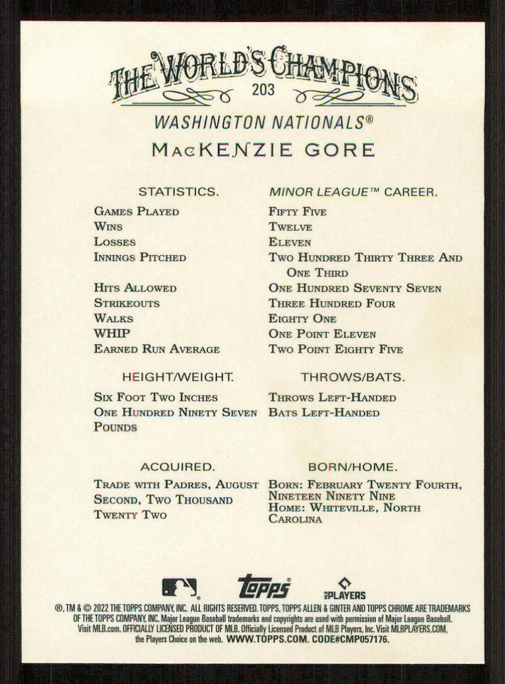 2022 Topps Allen and Ginter Chrome #203 MacKenzie Gore RC - Image 2 of 2