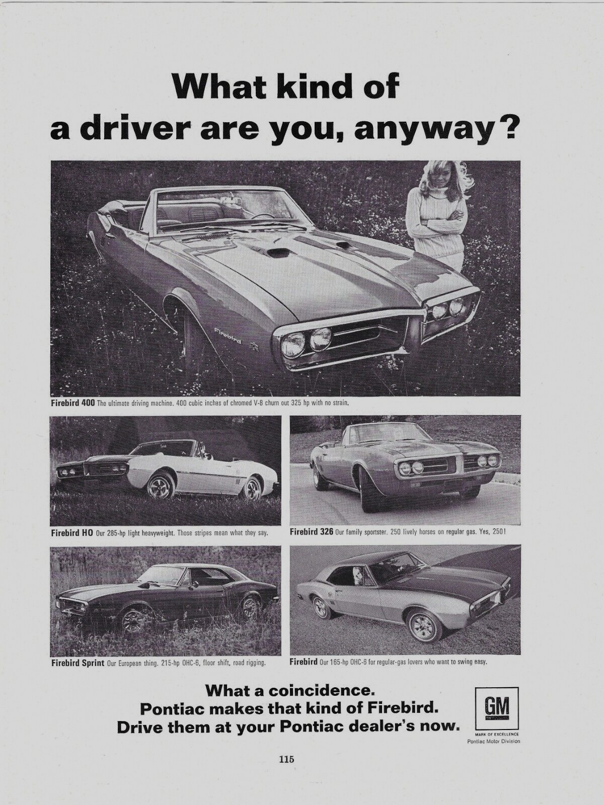 1967 Pontiac Firebird 400 Convertible HO 326 Sprint Line Up  VINTAGE PRINT AD