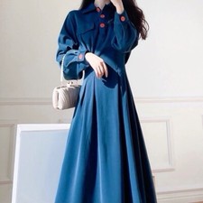 Retro Blue Shiny elegant Midi Shirt Dress, Cinched Waist, NWOT, Size S/XS