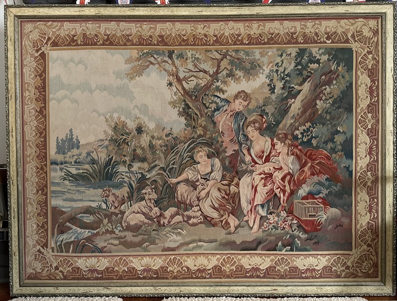 Aubusson Style Wool Tapestry French Scene Lambs Goats Women Hand Woven 66” X 51”