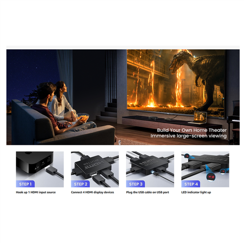 1 In 4 Out 4K HDMI Splitter 1X4 HDMI Duplicator Hub Support 4KX2K 1080P@60Hz - Photo 9/12