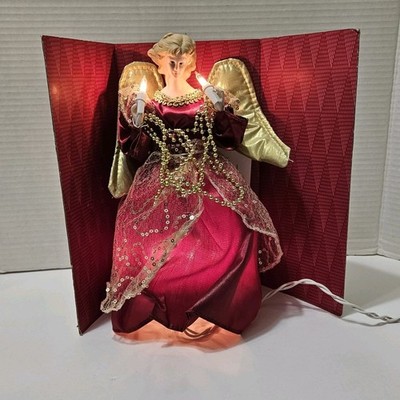 Trim a Home Tree Top Angel 10'' Vtg Burgundy Gold Dress Can Stand Alone Works NOB