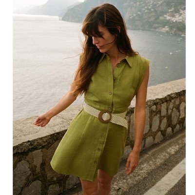 Zara Womens XS Linen Green Sleeveless Belted Button Mini Dress Classic Beachy 