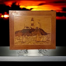 Vintage Marquetry Inlaid Wood Plaque Coastal Picture Exotic Lighthouse Sailboats